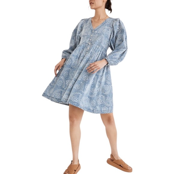 Madewell Bubble-Sleeve Button-Front Mini Dress in Indigo Paisley - Picture 1 of 8